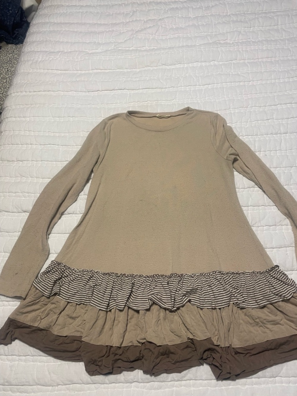 Reborn J Long Sleeve Layered Ruffle Tunic Dress in Beige and Brown